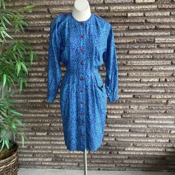 St. Gillian Vintage 80s Blue Purple Print 100% Silk Military Shirt Dress Size 6 - Picture 10 of 10